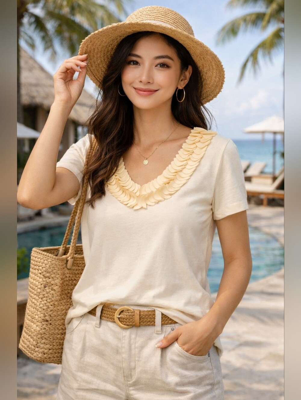 Tommy Hilfiger Women's Top  Decorated Neckline Cream Cotton/Rayon Medium
